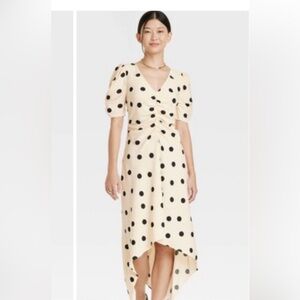 A New Day Crepe Short Sleeve Cream & Black‎ Polka Dot Midi Dress size small NWT